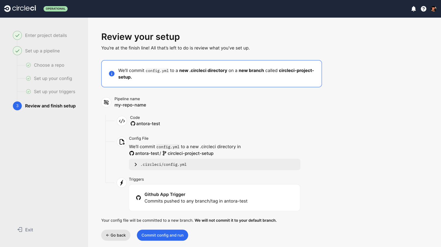 Screenshot showing options to review and commit your config