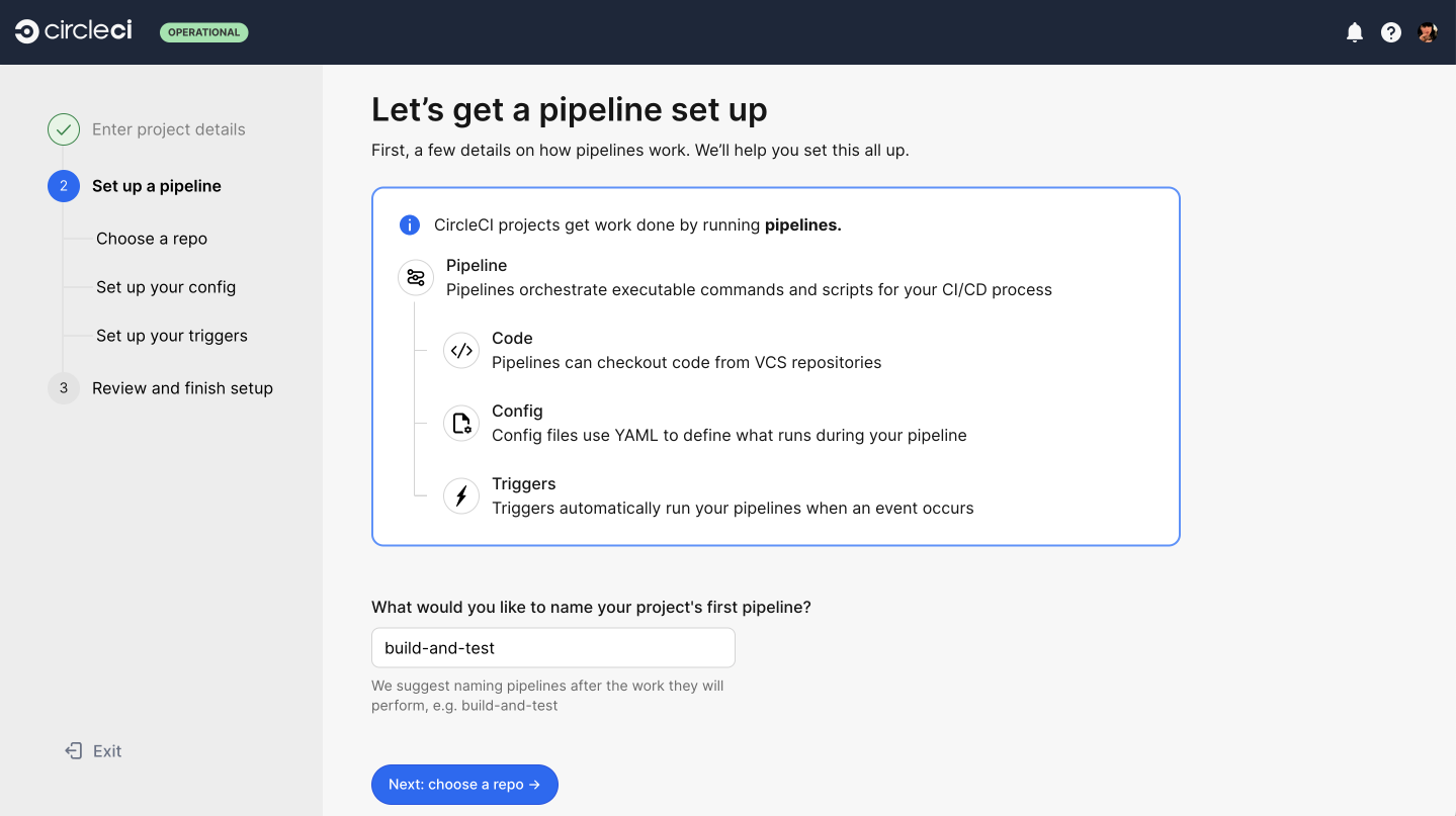 Screenshot showing options to set up your pipeline