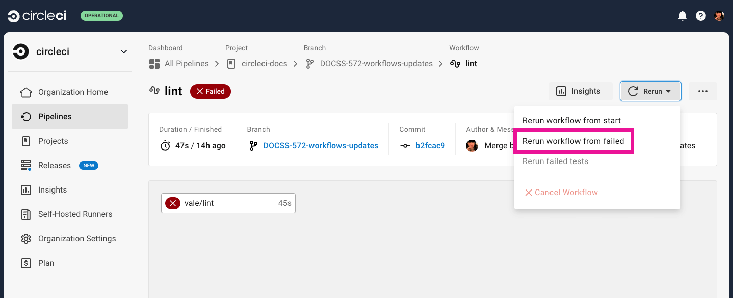 Rerun a workflow from failed from the workflows page