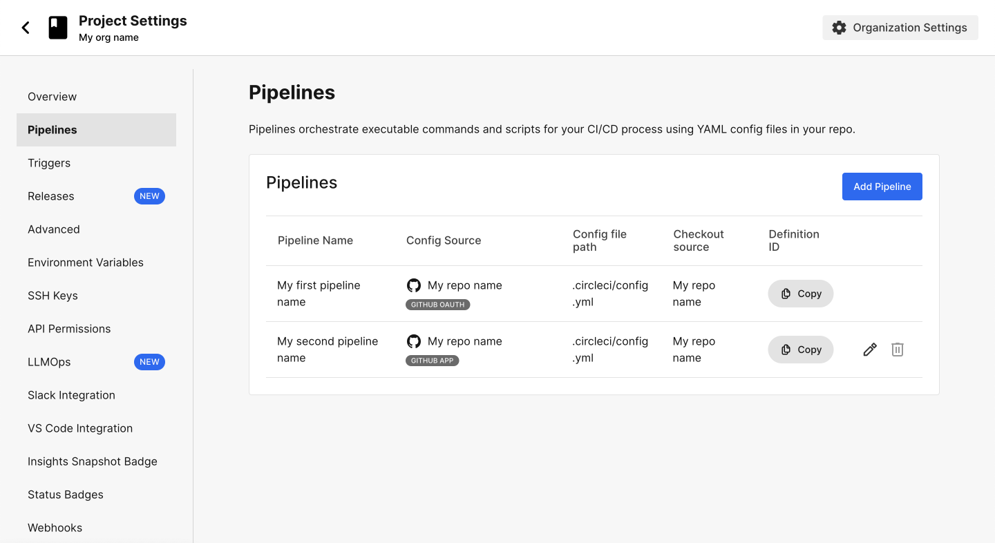 Pipelines page in project settings